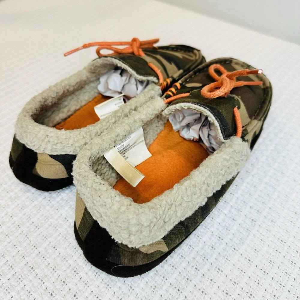 Kids Camo Slippers Moccasin Green Faux Fur Slippers Youth Soft Cozy Size‎ 4/5